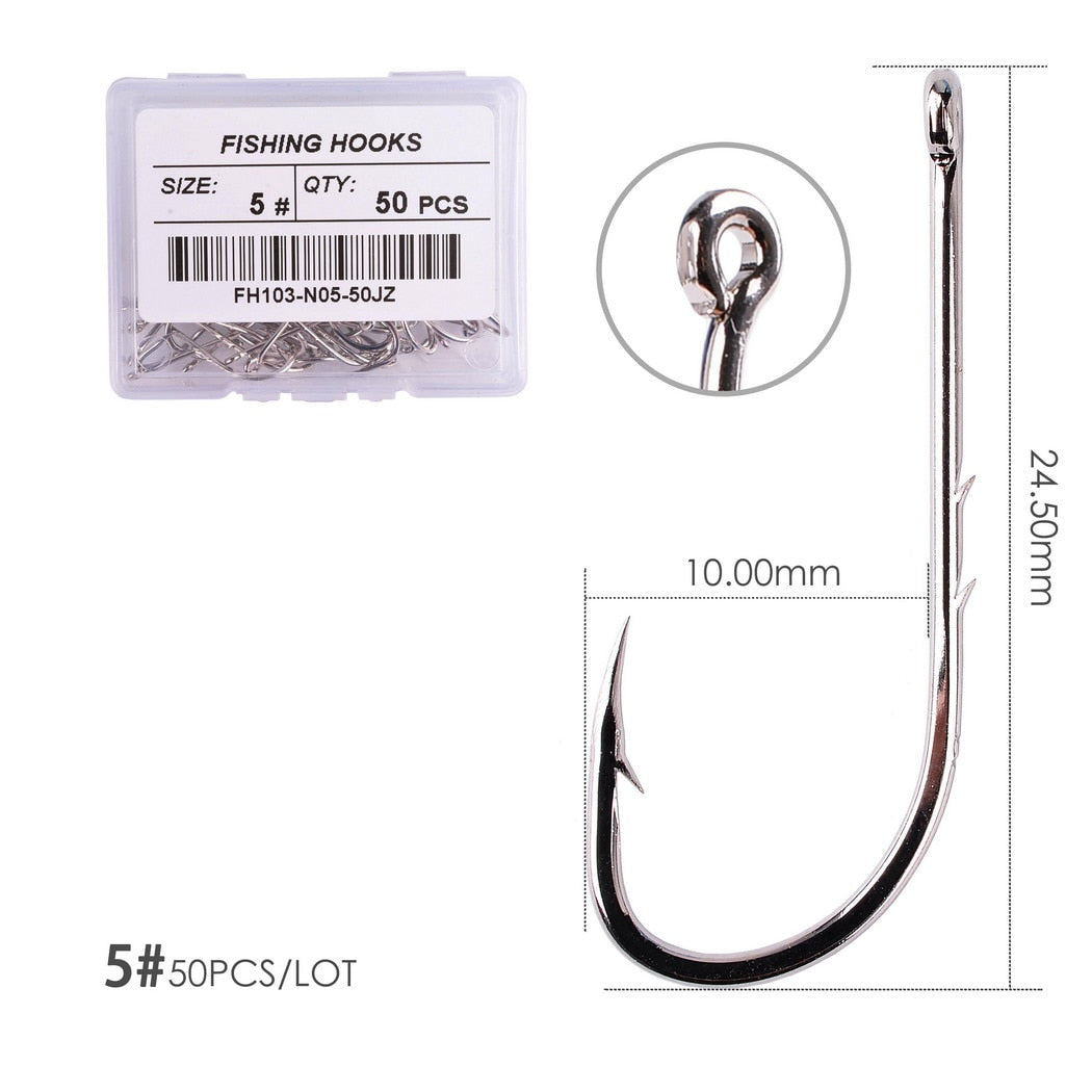 Aorace 50pcs/ Box Long Shank Fishing Hook 1#-12# Fish Hooks High Carbon Steel Sharp Barbed Offset Narrow Bait Hook Fishhook