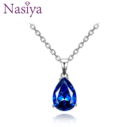 Nasiya Women&#39;s Fashion Necklaces Pendants Aquamarine Blue Sapphire Water Drop Gemstone Party Wedding Jewelry Gift