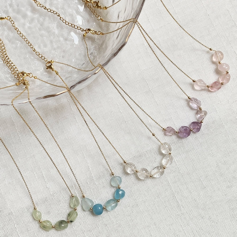 Minimalist Natural Crystal Stone Necklace Irregular Mineral Quartz Citrines Fluorite Purple Crystal Charm Tiny Chain Choker