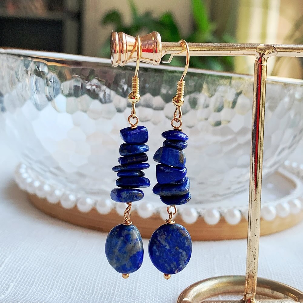 Irregular Ore Rock Natural Crystal Earring Chip Stone Long Tassel Pendulum Citrines Lapis Fluorite Purple Crystal Drop Earring