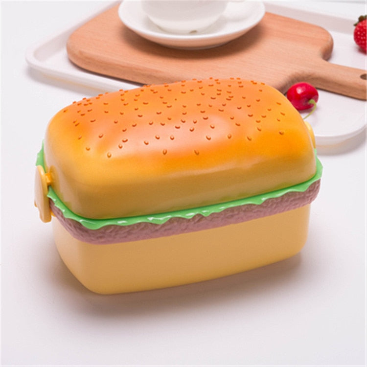 Hamburger Lunch Box Double Tier Cute Burger Bento Box Microwave Children School Food Container Fork Tableware Set