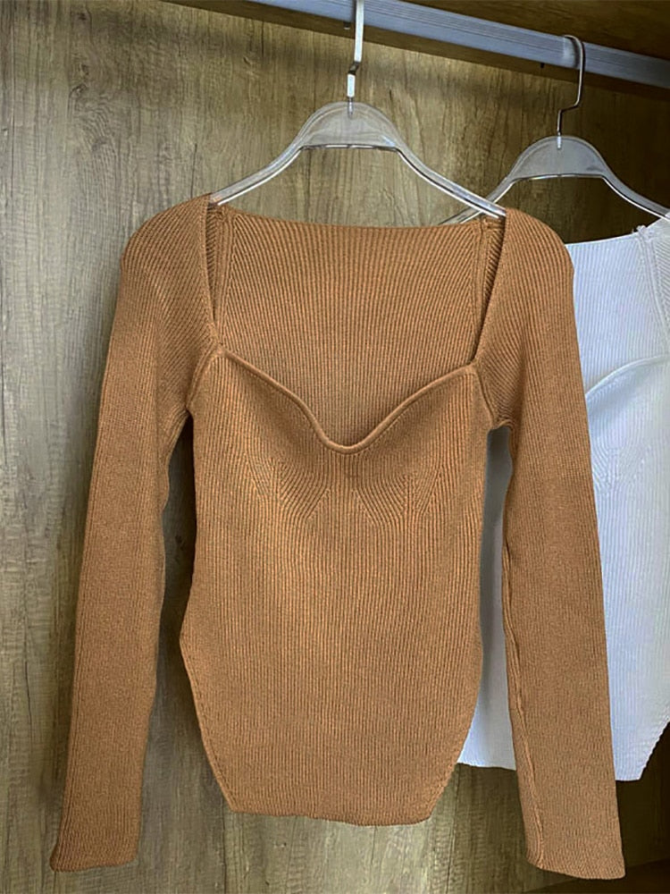 Square Collar Long Sleeve Woman Sweaters Knitted Pullover Women Spring Autumn Sweater Winter Tops For Women Black White Jumper