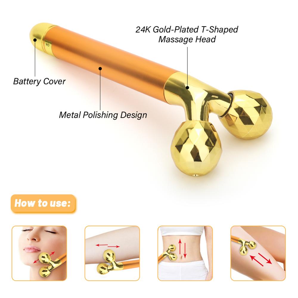 Energy Beauty Bar 24k Golden Vibrating Facial Roller Massager Face Lifting Anti-wrinkle Skin Care Gemstone Roller Ball Set Box