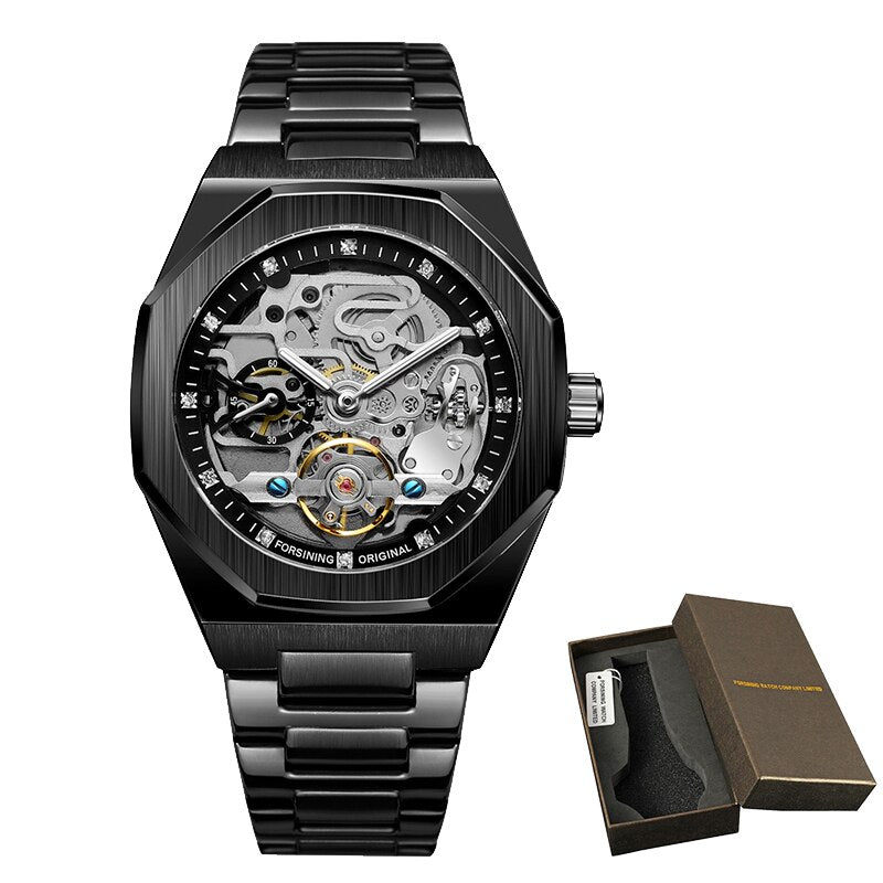 Forsining Fashion Silver Mens Watches Top Brand Luxury Automatic Mechanical Stainless Steel Fashion Business Skeleton Wristwatch