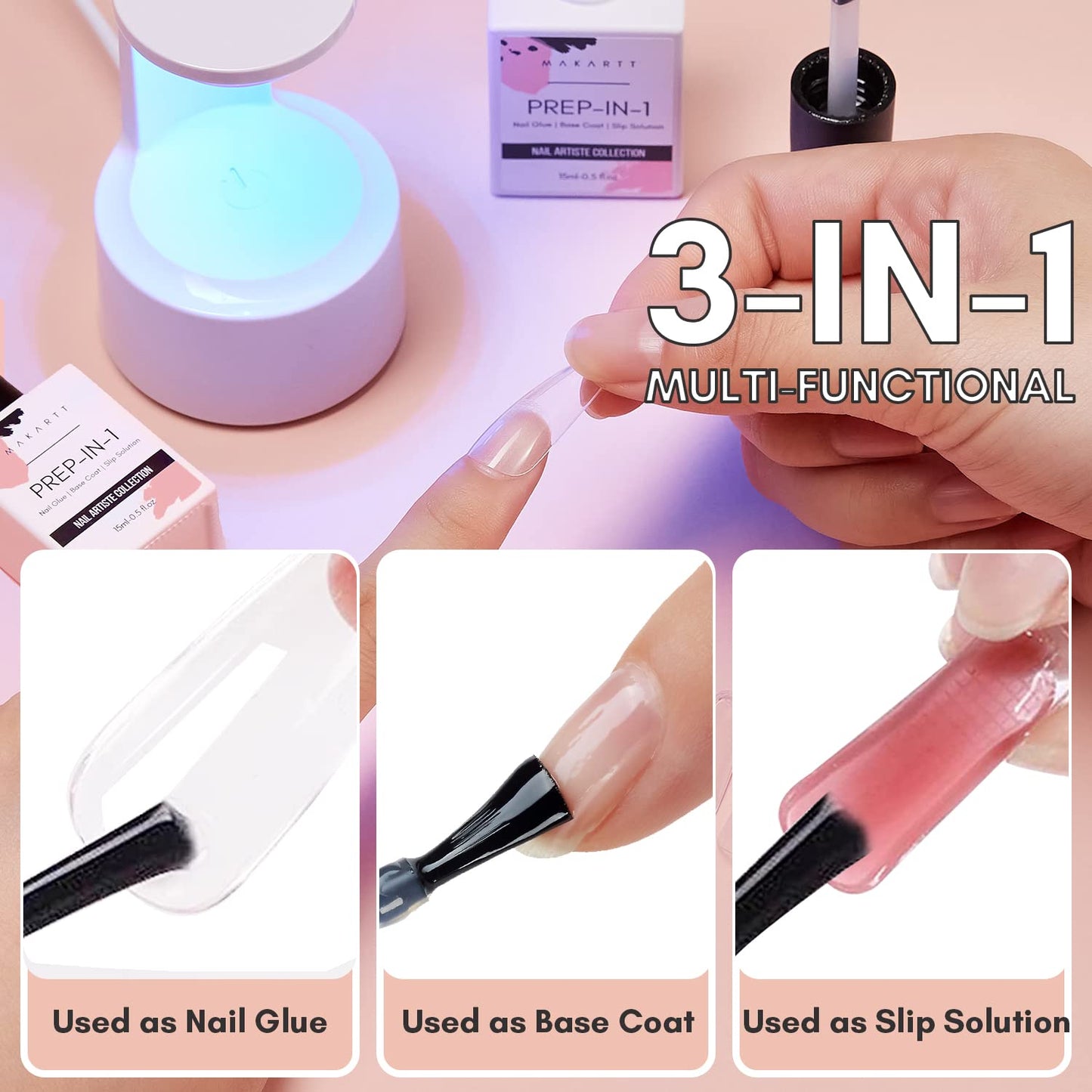 Makartt Nail Glue Gel for Acrylic Nails 3 in 1 Nail Gel Super Strong Brush On Nail Glue Long Lasting UV Nail Glue for False Nail