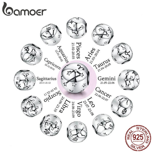 BAMOER Vintage 925 Sterling Silver Twelve Constellations Star Sign Zodiac Beads Charms fit Charm Bracelet Neckalce DIY