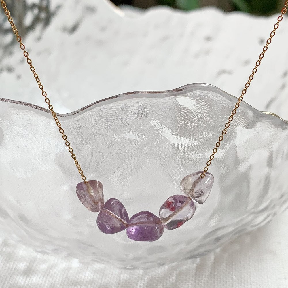 Minimalist Natural Crystal Stone Necklace Irregular Mineral Quartz Citrines Fluorite Purple Crystal Charm Tiny Chain Choker