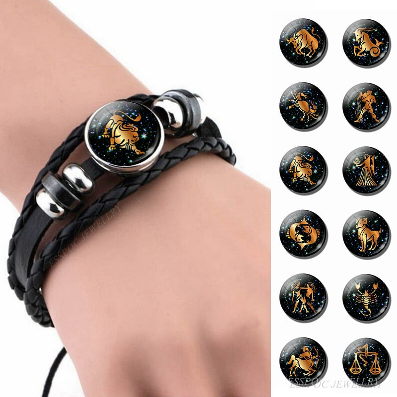 12 Constellation Leather Bracelet Zodiac Sign Handmade Glass Cabochon Black Punk Mens Jewelry Horoscope Astrology Birthday Gift