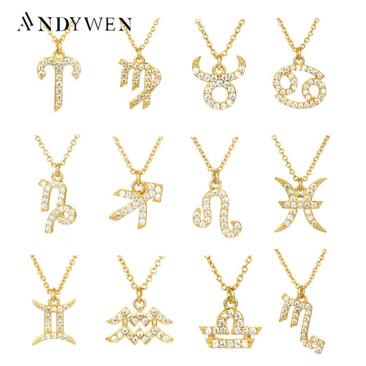 ANDYWEN 925 Sterling Silver Gold 12 Charm Zodiac Pendant Necklace Long Chain Slim Monogram Men Personal Birthday Fine Jewelry