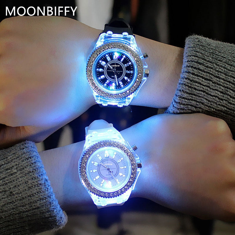 Women Flash Luminous Personalized Rhinestone Led Watch Trends Students Lovers Jellies Woman Men&#39;s Watches Light Wrist Watch