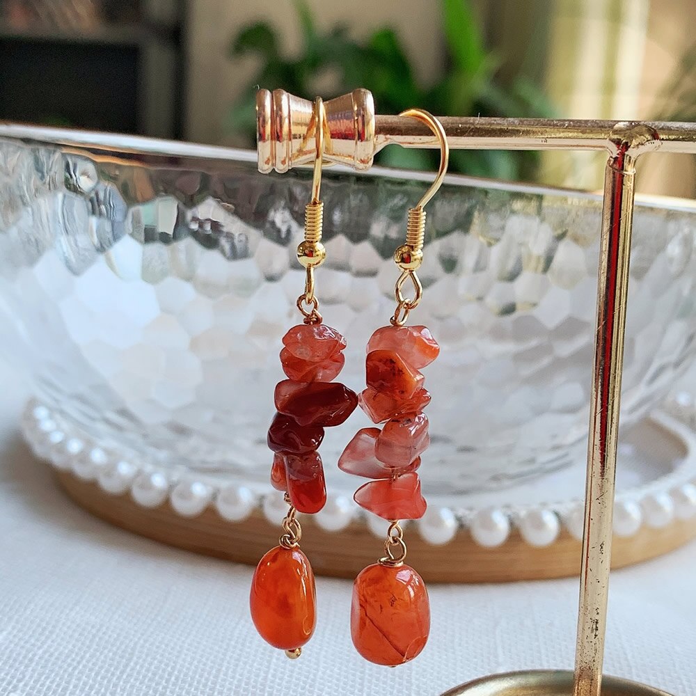 Irregular Ore Rock Natural Crystal Earring Chip Stone Long Tassel Pendulum Citrines Lapis Fluorite Purple Crystal Drop Earring