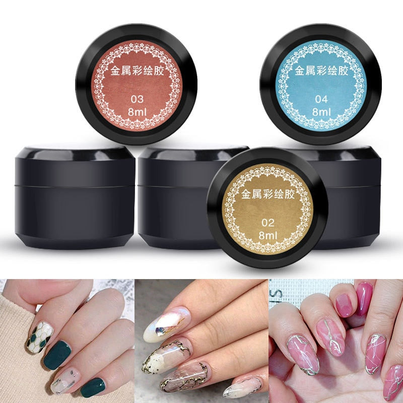 Metal Effect Nail Gel Rose Gold Silver UV LED Draw Painting Stamping Nail Art Color Gel Polish Manicure Long Lasting Gel Vernish