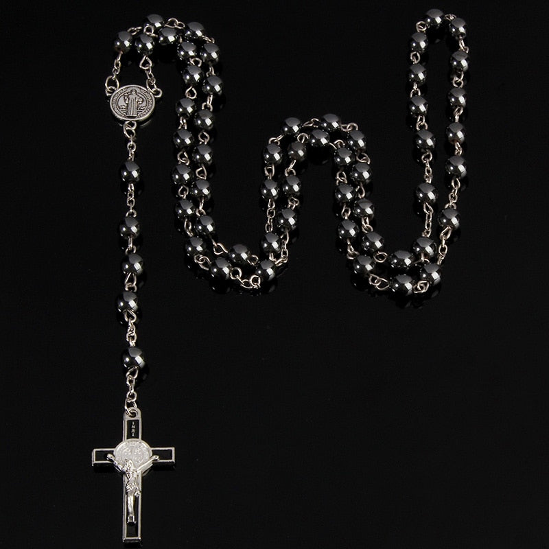 6mm Hematite Rosary Long Chain Bead Necklace Male Ms. Prayer Catholic Rosary Jesus Christ Cross Pendant Jewelry