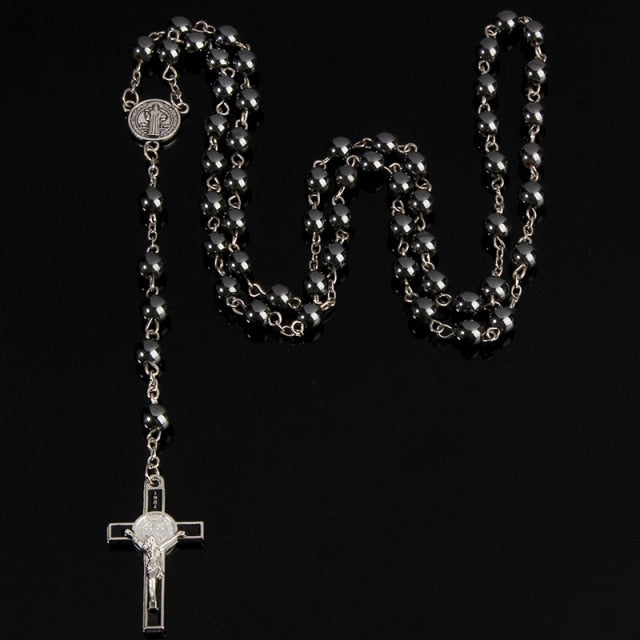 6mm Hematite Rosary Long Chain Bead Necklace Male Ms. Prayer Catholic Rosary Jesus Christ Cross Pendant Jewelry