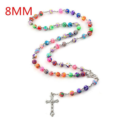 Vintage 8mm Polymer Clay Bead Rosary Cross Pendant Necklace Virgin Mary Centerpieces Christian Catholic Religious Jewelry Gift