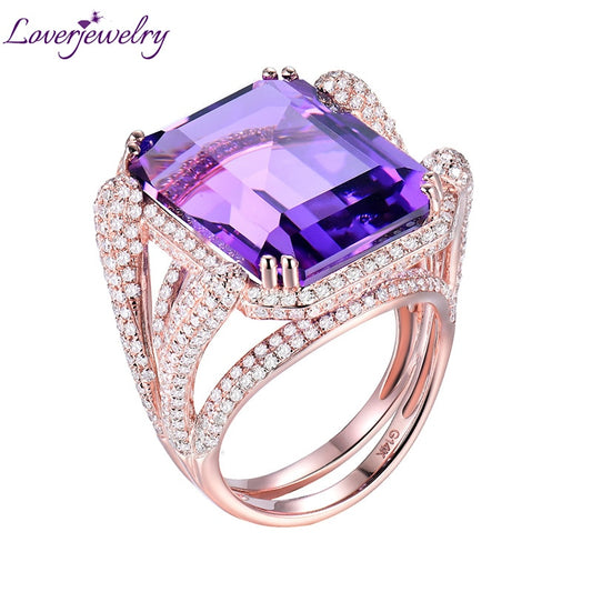 Natural Amethyst Rings For Women Elegant Ladies Emerald Cut 15x20mm Amethyst Diamonds Engagement Party Ring Real 14Kt Rose Gold