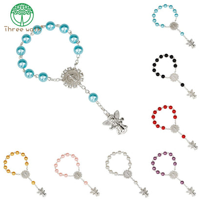 10pcs Imitation Pearl Beads Catholic Rosary Catholic Holy Communion Angel Wings Crucifix Pendants Bracelet nice gift