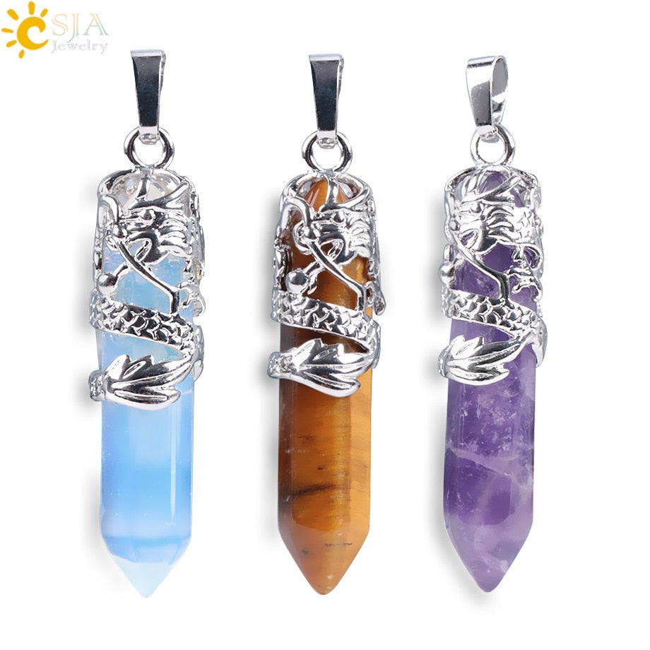 CSJA Myth Dragon Wrapped Top Necklaces Pendants Natural Gem Stone Agates Lovers Gift Jewelry DIY Suspension Charms Amulet E854