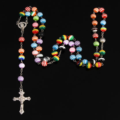 Catholic New Fashion Handmade Round Rosary Glass Beads Quality Cross Necklace Pearl String Cross Pendant Religious Necklace