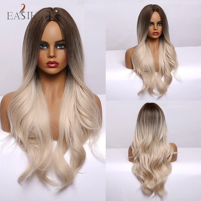 EASIHAIR Ombre Brown Light Blonde Platinum Long Wavy Middle Part Hair Wig Cosplay Natural Heat Resistant Synthetic Wig for Women