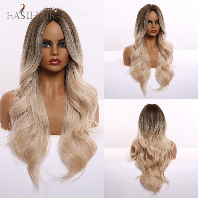 EASIHAIR Ombre Brown Light Blonde Platinum Long Wavy Middle Part Hair Wig Cosplay Natural Heat Resistant Synthetic Wig for Women