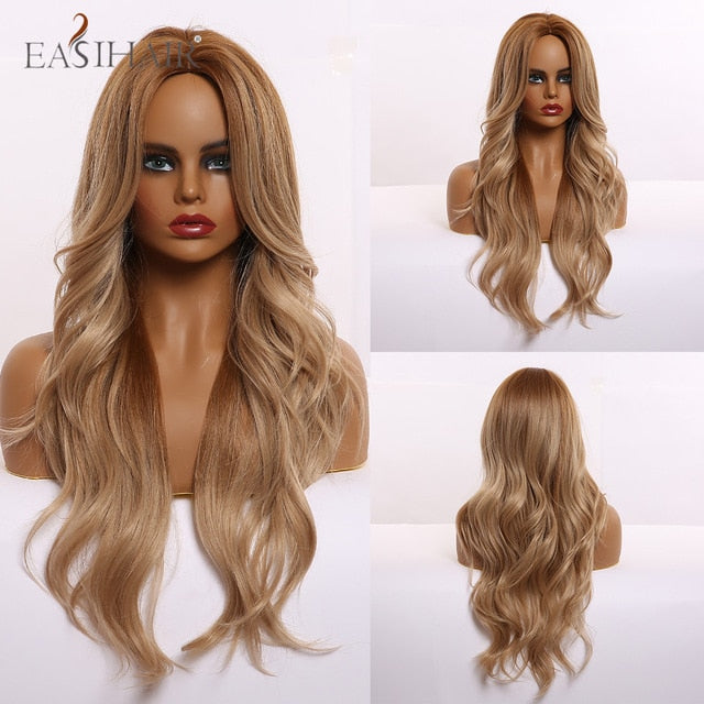 EASIHAIR Ombre Brown Light Blonde Platinum Long Wavy Middle Part Hair Wig Cosplay Natural Heat Resistant Synthetic Wig for Women