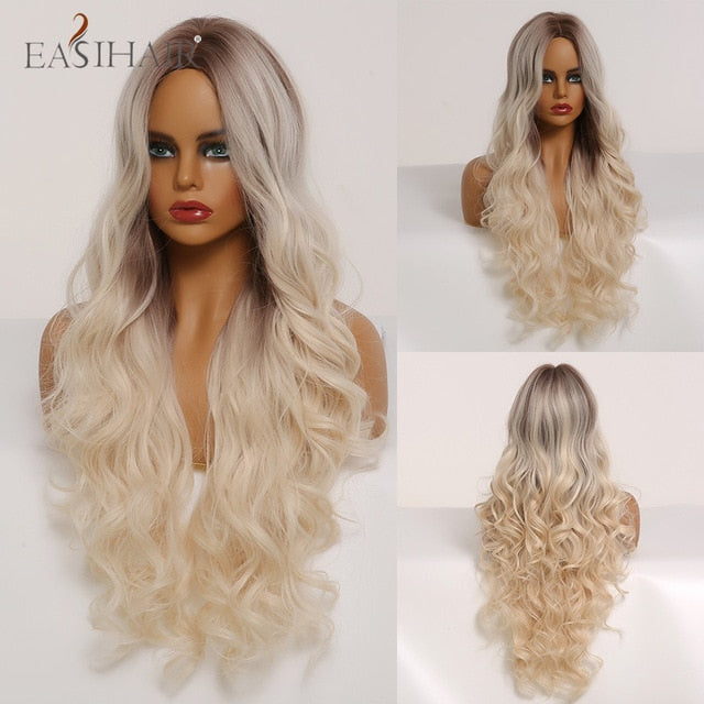 EASIHAIR Ombre Brown Light Blonde Platinum Long Wavy Middle Part Hair Wig Cosplay Natural Heat Resistant Synthetic Wig for Women