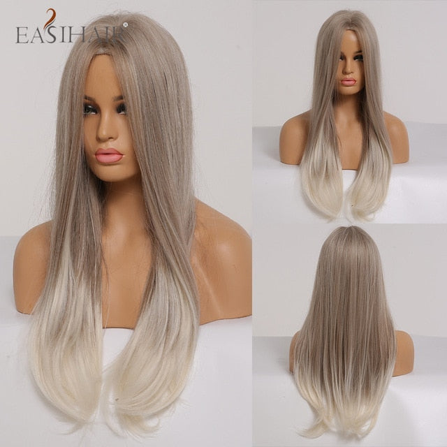 EASIHAIR Ombre Brown Light Blonde Platinum Long Wavy Middle Part Hair Wig Cosplay Natural Heat Resistant Synthetic Wig for Women