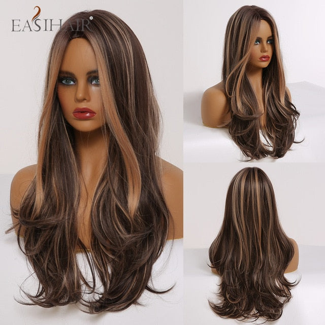 EASIHAIR Ombre Brown Light Blonde Platinum Long Wavy Middle Part Hair Wig Cosplay Natural Heat Resistant Synthetic Wig for Women