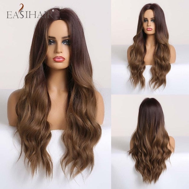 EASIHAIR Ombre Brown Light Blonde Platinum Long Wavy Middle Part Hair Wig Cosplay Natural Heat Resistant Synthetic Wig for Women