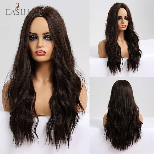 EASIHAIR Ombre Brown Light Blonde Platinum Long Wavy Middle Part Hair Wig Cosplay Natural Heat Resistant Synthetic Wig for Women