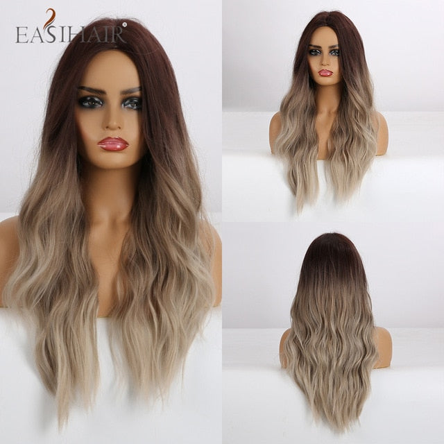 EASIHAIR Ombre Brown Light Blonde Platinum Long Wavy Middle Part Hair Wig Cosplay Natural Heat Resistant Synthetic Wig for Women