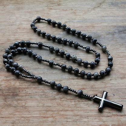 6mm Lapis Lazuli stone bead &amp; Hematite cross pendant necklace for Men Women Catholic Christ Rosary Cross Pendant Drop shipping