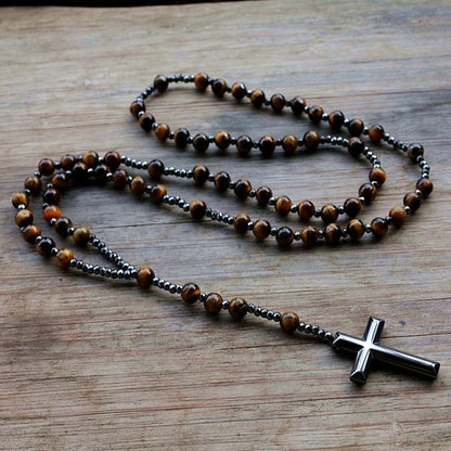 6mm Lapis Lazuli stone bead &amp; Hematite cross pendant necklace for Men Women Catholic Christ Rosary Cross Pendant Drop shipping