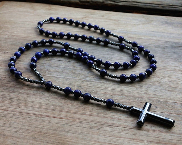 6mm Lapis Lazuli stone bead &amp; Hematite cross pendant necklace for Men Women Catholic Christ Rosary Cross Pendant Drop shipping