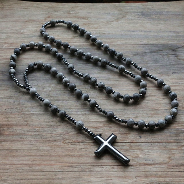 6mm Lapis Lazuli stone bead &amp; Hematite cross pendant necklace for Men Women Catholic Christ Rosary Cross Pendant Drop shipping