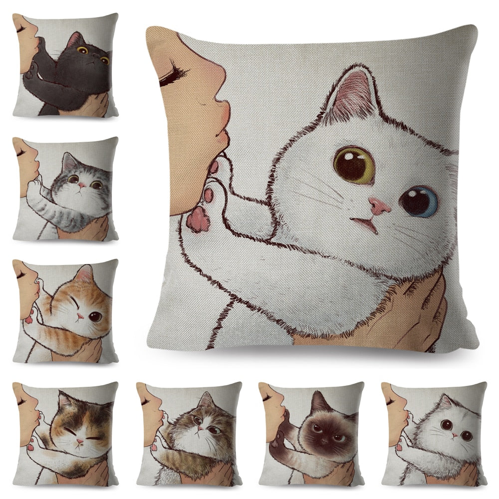 Funny Love Kiss Cute Cat Pillows Cases for Sofa Home Car Cushion Cover Pillow Covers Decor Cartoon Pillowcase 45x45cm