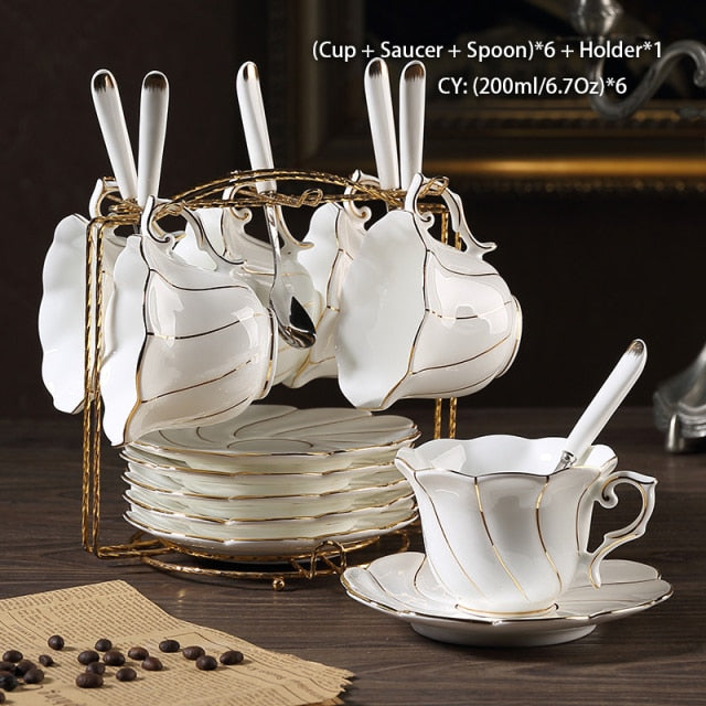 Gold Inlay Bone China Coffee Set Europe Porcelain Tea Set Ceramic Pot Creamer Sugar Bowl Teapot Coffee Cup Tea Mug Coffeeware