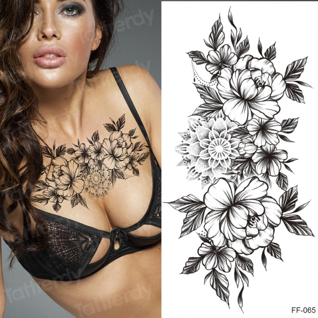 tattoo sticker women flower rose peony black tatouage temporaire femme temporary sleeve tattoo waterproof sexy body art fashion