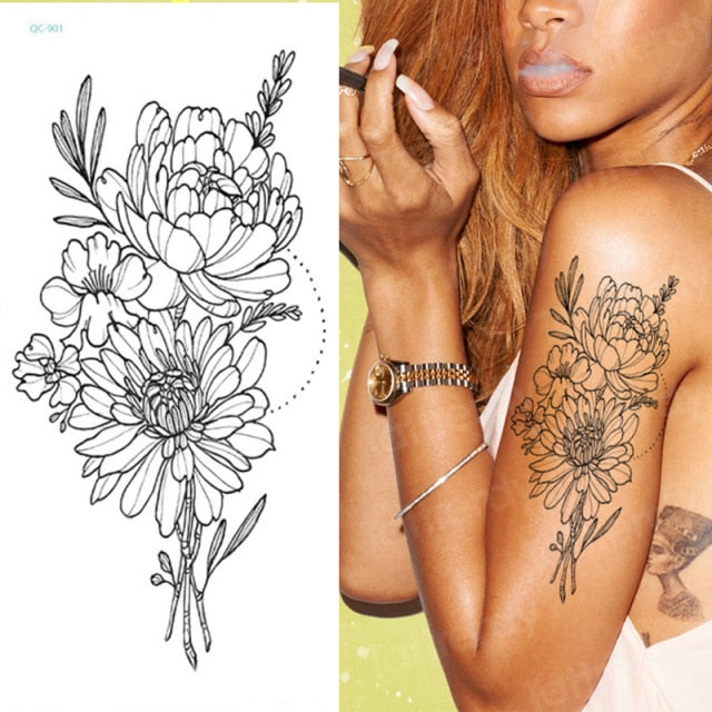 tattoo sticker women flower rose peony black tatouage temporaire femme temporary sleeve tattoo waterproof sexy body art fashion