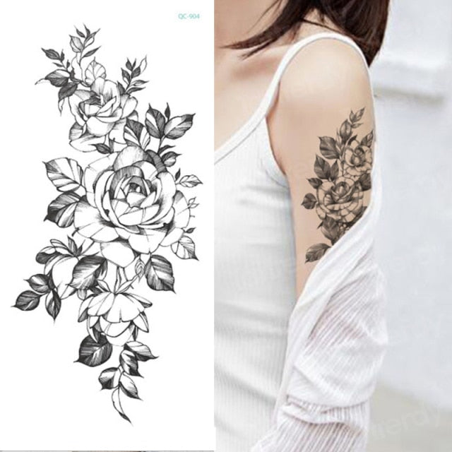 tattoo sticker women flower rose peony black tatouage temporaire femme temporary sleeve tattoo waterproof sexy body art fashion