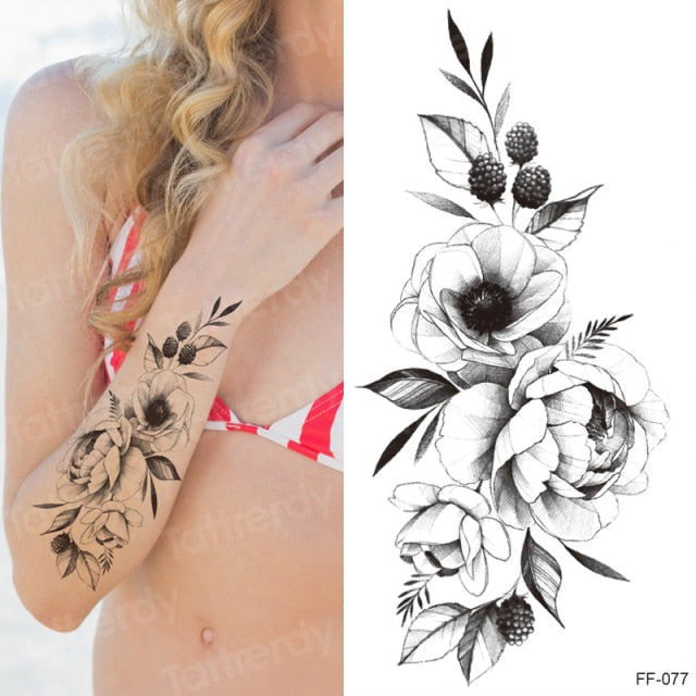 tattoo sticker women flower rose peony black tatouage temporaire femme temporary sleeve tattoo waterproof sexy body art fashion