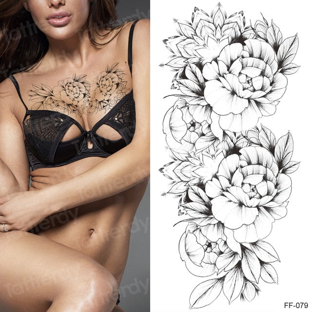 tattoo sticker women flower rose peony black tatouage temporaire femme temporary sleeve tattoo waterproof sexy body art fashion