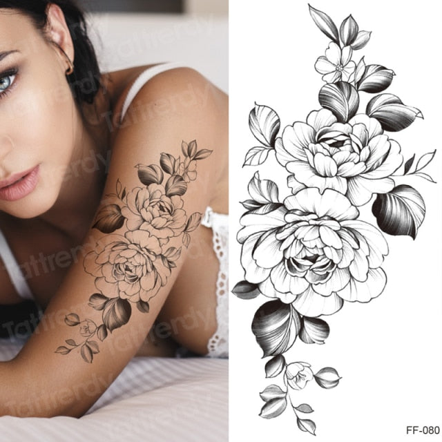 tattoo sticker women flower rose peony black tatouage temporaire femme temporary sleeve tattoo waterproof sexy body art fashion