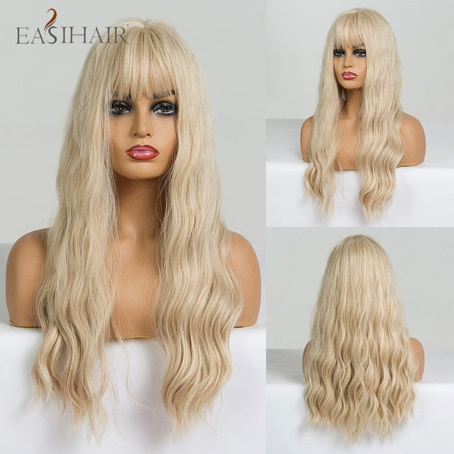 EASIHAIR Ombre Brown Light Blonde Platinum Long Wavy Middle Part Hair Wig Cosplay Natural Heat Resistant Synthetic Wig for Women