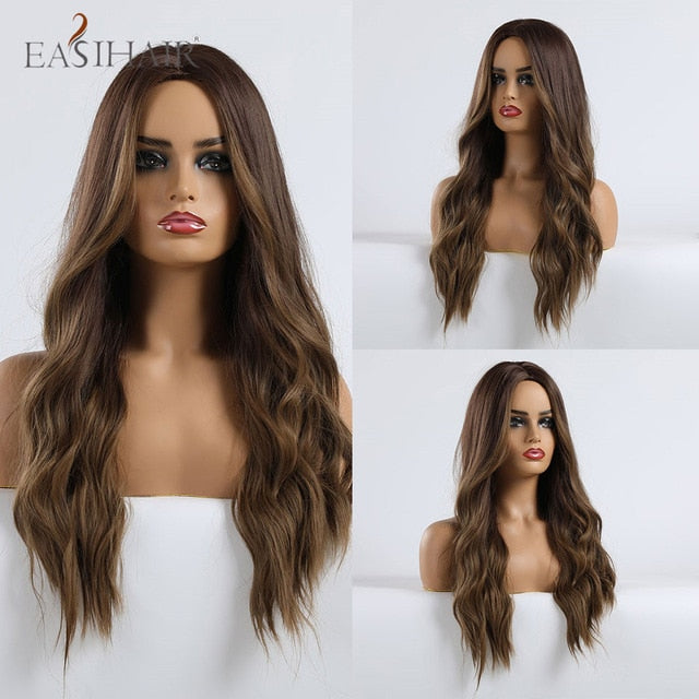 EASIHAIR Ombre Brown Light Blonde Platinum Long Wavy Middle Part Hair Wig Cosplay Natural Heat Resistant Synthetic Wig for Women