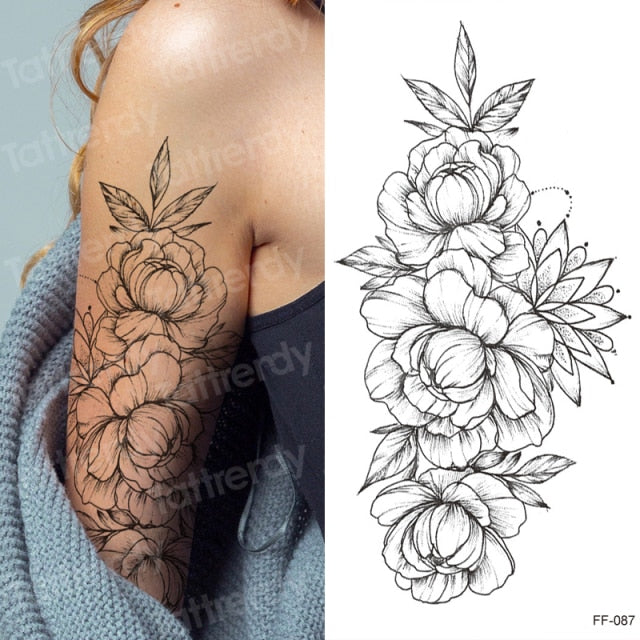 tattoo sticker women flower rose peony black tatouage temporaire femme temporary sleeve tattoo waterproof sexy body art fashion