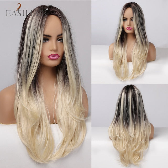 EASIHAIR Ombre Brown Light Blonde Platinum Long Wavy Middle Part Hair Wig Cosplay Natural Heat Resistant Synthetic Wig for Women