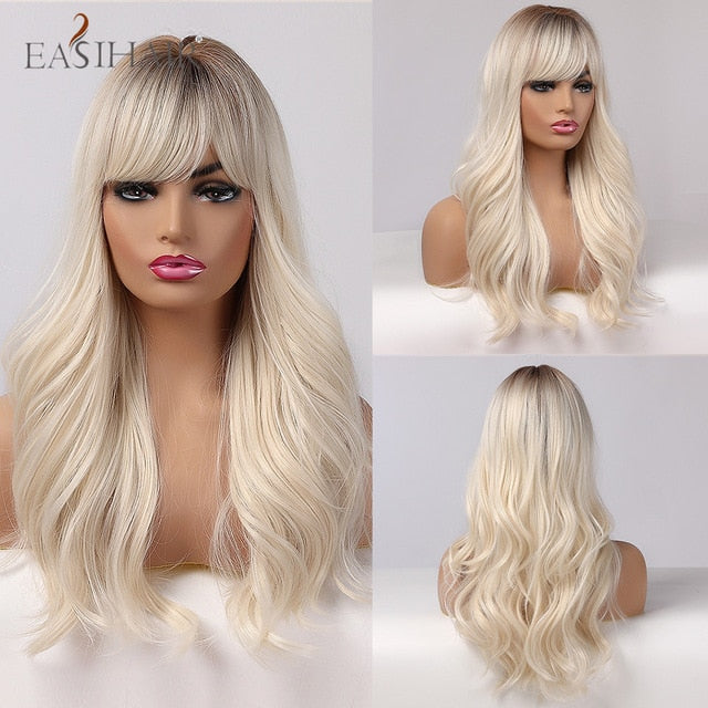 EASIHAIR Ombre Brown Light Blonde Platinum Long Wavy Middle Part Hair Wig Cosplay Natural Heat Resistant Synthetic Wig for Women