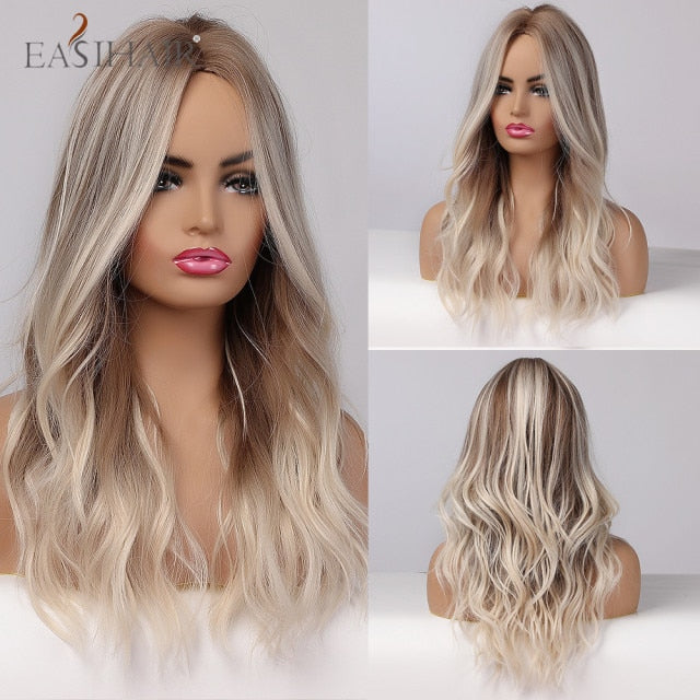 EASIHAIR Ombre Brown Light Blonde Platinum Long Wavy Middle Part Hair Wig Cosplay Natural Heat Resistant Synthetic Wig for Women